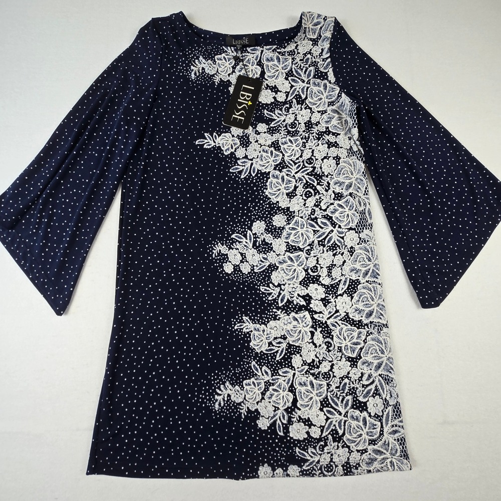 LBisse Bell Sleeve Dress Womens Small Navy Blue New Polka Dot Floral Shift (D4)